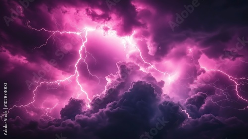 Bright pink lightning illuminating dramatic storm clouds in an intense weather scene