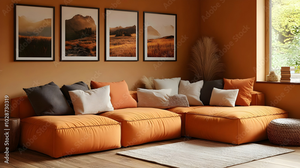 Cozy living room with orange sofa and nature-themed artwork. Cozy living room with orange sofa and nature-themed artwork.
