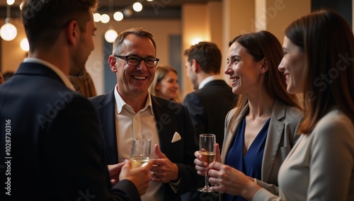 Blurred shots of office party featuring businesspeople networked together under soft lights  bokeh photo