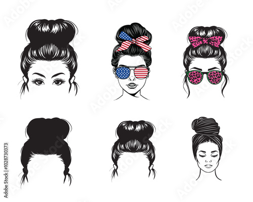 Set of Messy Bun hair Vector illustration - Girl Hair with Lashes Clipart
