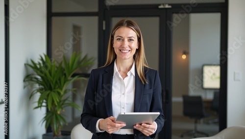 Business-focused office scene featuring a smiling professional woman entrepreneur with tablet and working in an office setting