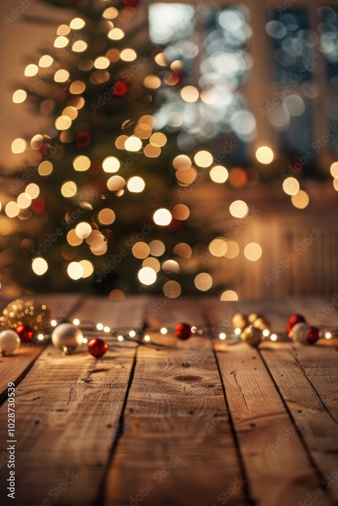 Blurred Christmas Tree Lights with Wooden Table and Ornaments Blurred Christmas Tree Lights with Wooden Table and Ornaments