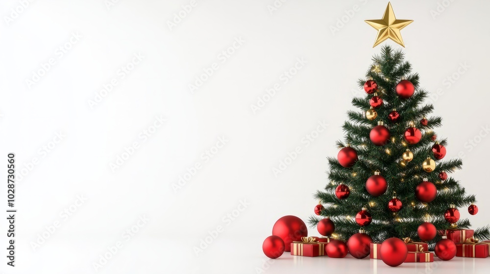 green christmas tree with red ornaments isolated on white green christmas tree with red ornaments isolated on white