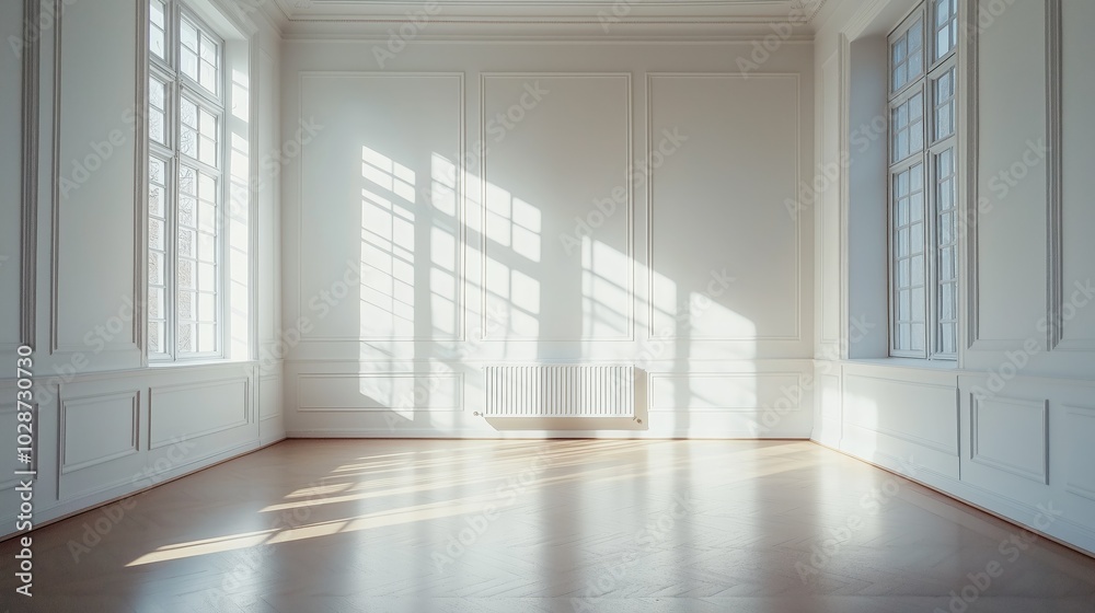 Fototapeta premium Bright, sunny room with large windows casting shadows on white walls and wooden floor