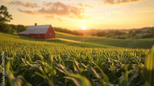 Cornfield Sunset with Red Barn in Background