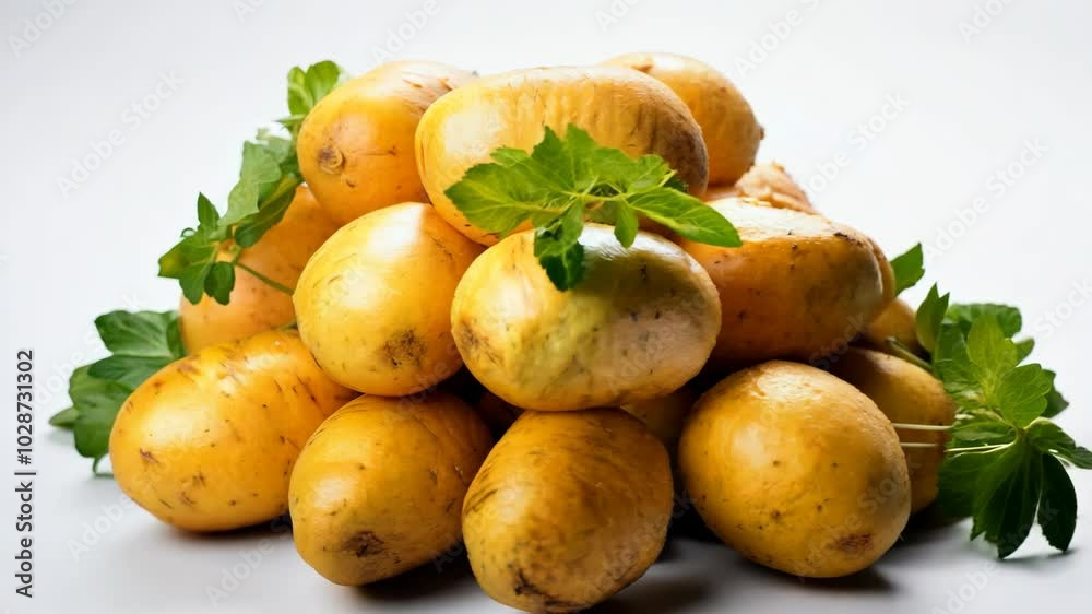 Freshly harvested golden potatoes with green leaves on a white background Freshly harvested golden potatoes with green leaves on a white background