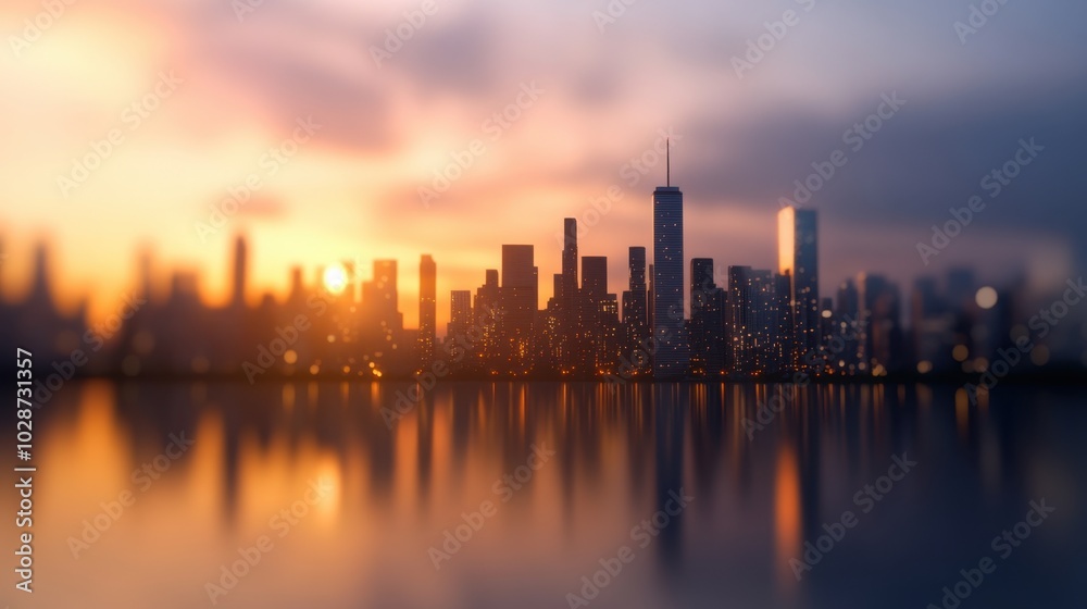 Blurred City Skyline at Sunset with Reflection Blurred City Skyline at Sunset with Reflection