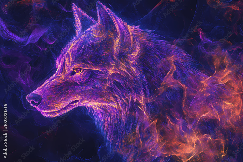 Fototapeta premium image of a wolf, combining intricate geometric patterns and vibrant colors to create an abstract, mystical representation