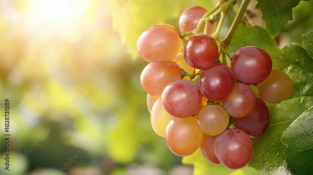 Fresh Red Grapes on Vine with Green Leaves and Sunlight Fresh Red Grapes on Vine with Green Leaves and Sunlight