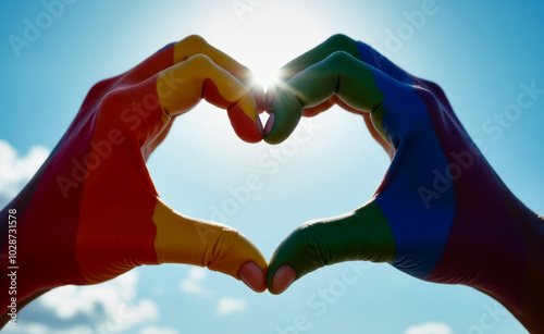 Close-up of hands painted with rainbow colors forming a heart shape against sunlight, symbolizing love, unity, and diversity. Bright sky in the background enhances the joyful theme. photo