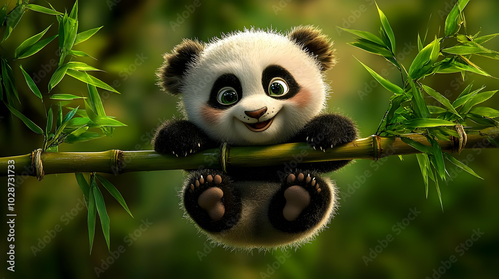 A cute cartoon panda hanging on a bamboo branch, smiling joyfully. A cute cartoon panda hanging on a bamboo branch, smiling joyfully.