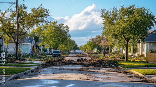 Neighborhood street littered with debris and fallen branches after a storm, showcasing damage to homes and infrastructure