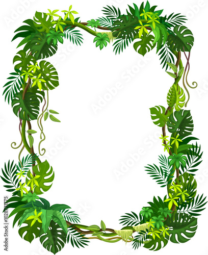 Tropical jungle frame with forest liana branch, leaves and vines. Cartoon vector rectangular border with intertwined tree foliage. Empty background with rainforest plants. Tropics photo frame template