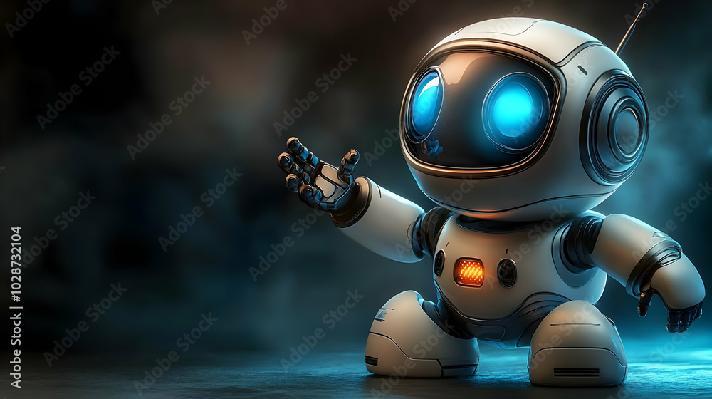 Small robot with glowing eyes, extending a hand in greeting. Small robot with glowing eyes, extending a hand in greeting.