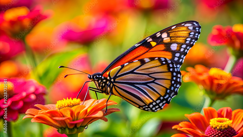 Fototapeta premium An orange monarch butterfly perched on a vibrant flower.