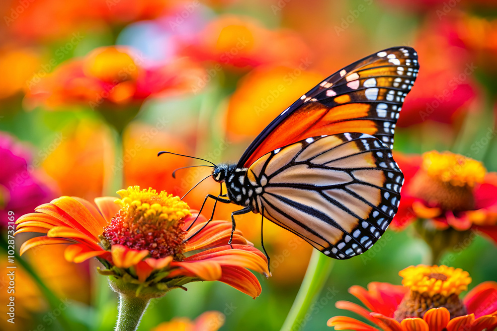 An orange monarch butterfly perched on a vibrant flower. An orange monarch butterfly perched on a vibrant flower.
