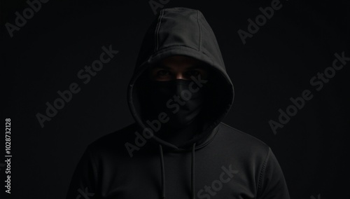 Computer Hacker Black-hooded figure in Dark Moody Background