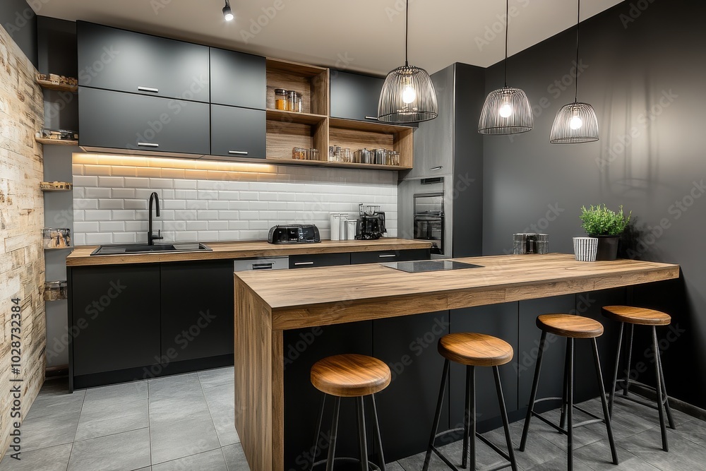 Sleek modern kitchen with dark cabinetry, wooden accents, and pendant lights creating a cozy atmosphere. Sleek modern kitchen with dark cabinetry, wooden accents, and pendant lights creating a cozy atmosphere.