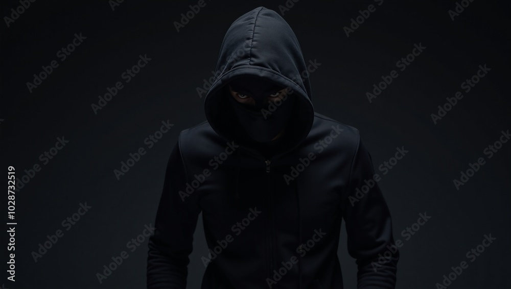 A masked thief or gangsterrobber is depicted as an ominous figure with a burglar-like silhouette A masked thief or gangsterrobber is depicted as an ominous figure with a burglar-like silhouette