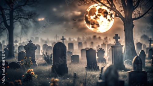 Eerie Cemetery Scene with Old Tombstones and Fog under a Full Moon




 photo