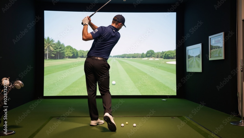 Golf enthusiast plays golf within an indoor simulator