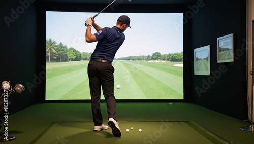 Obraz na płótnie Golf enthusiast plays golf within an indoor simulator w salonie