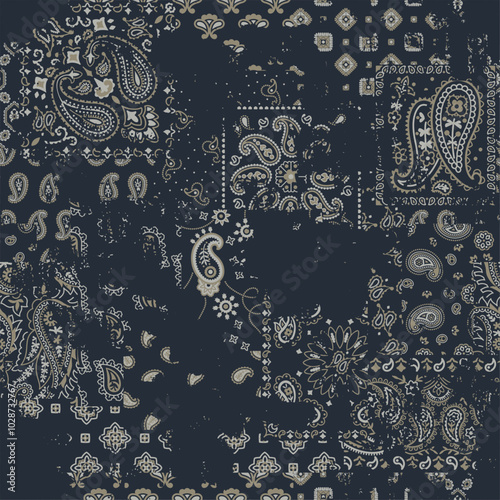 Black bandana paisley fabric patchwork wallpaper abstract vector seamless pattern for scarf kerchief shirt fabric carpet rug tablecloth pillow grunge  effect in separate layer