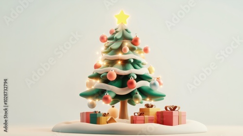 3d vector christmas tree illustration with gifts and snow