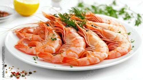 Fresh Shrimp on a White Plate with Herbs and Lemon