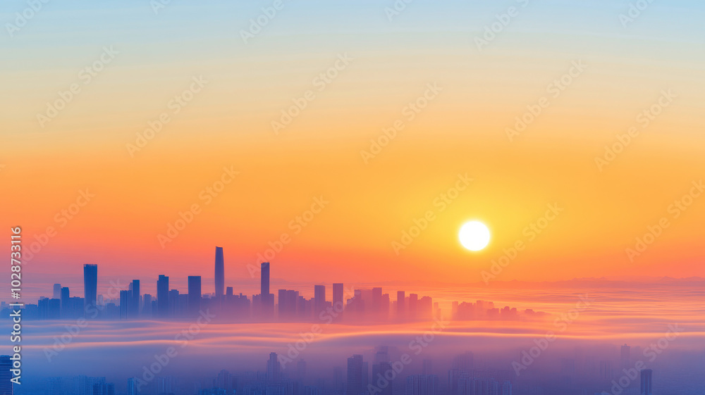 Vibrant city skyline at sunrise with a colorful gradient sky and clouds partially obscuring the buildings Vibrant city skyline at sunrise with a colorful gradient sky and clouds partially obscuring the buildings