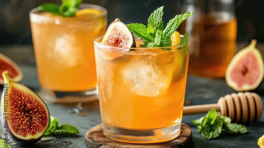 Refreshing Cocktail with Fig and Mint Garnish Refreshing Cocktail with Fig and Mint Garnish