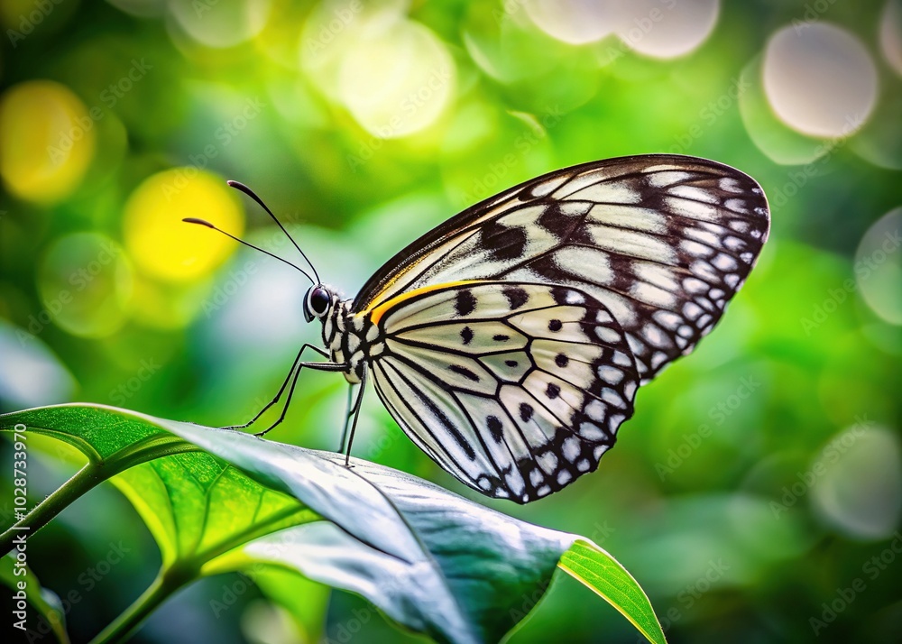 Elegant Black and White Butterfly on Leaf with Bokeh Effect - Nature's Beauty Captured in Profile View Elegant Black and White Butterfly on Leaf with Bokeh Effect - Nature's Beauty Captured in Profile View