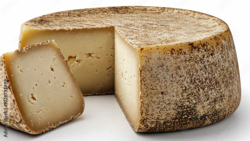 A wedge of aged cheese sits beside a round, sliced wheel of the same cheese on a white background A wedge of aged cheese sits beside a round, sliced wheel of the same cheese on a white background