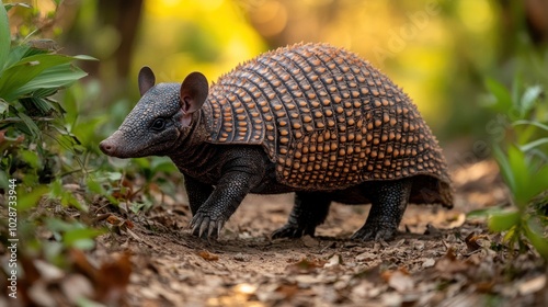 Armadillo searching for food in the morning sunrise