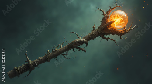 A tall, intricate staff adorned with glowing runes and topped with a crystal orb, featuring twisted wood that enhances its mystical and magical appearance.