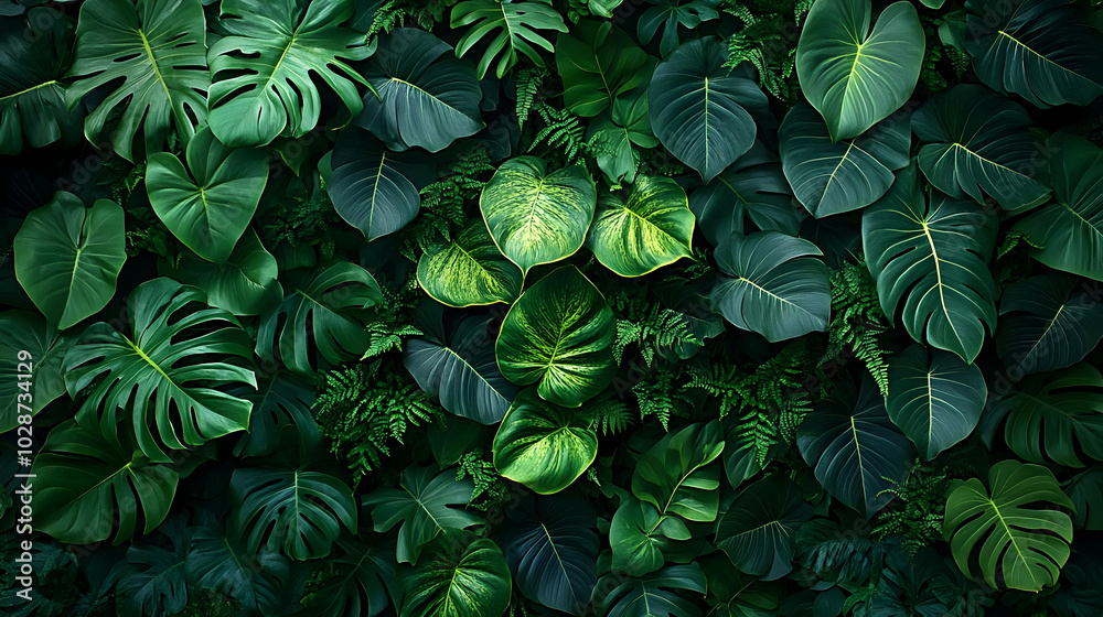 A lush arrangement of various green leaves and foliage. A lush arrangement of various green leaves and foliage.