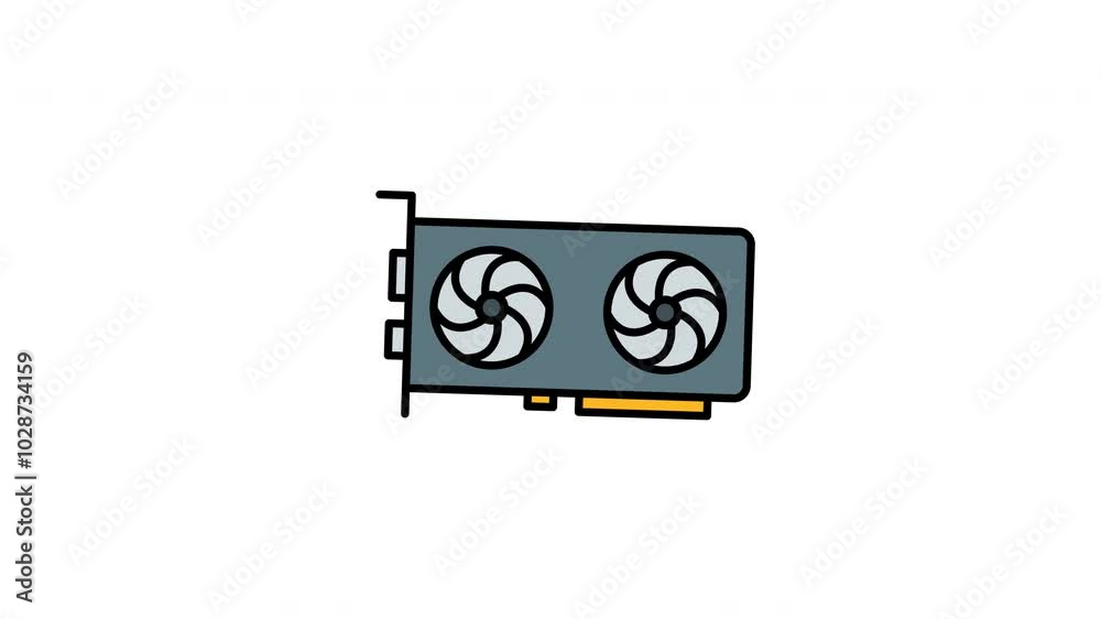 Graphics card animation with dual fans and connectors, perfect for gaming PCs and high performance computers. Enhances cooling and processing power Graphics card animation with dual fans and connectors, perfect for gaming PCs and high performance computers. Enhances cooling and processing power