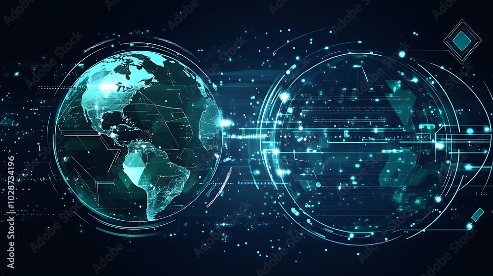 Obraz premium Two glowing digital globes interconnected, symbolizing global connectivity, communication, and technology.