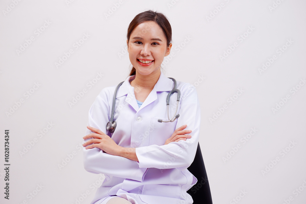 Smiling Asian female doctor puts a stethoscope on her shoulder. Wearing a white lab coat standing holding a note board on gray background. Smiling Asian female doctor puts a stethoscope on her shoulder. Wearing a white lab coat standing holding a note board on gray background.