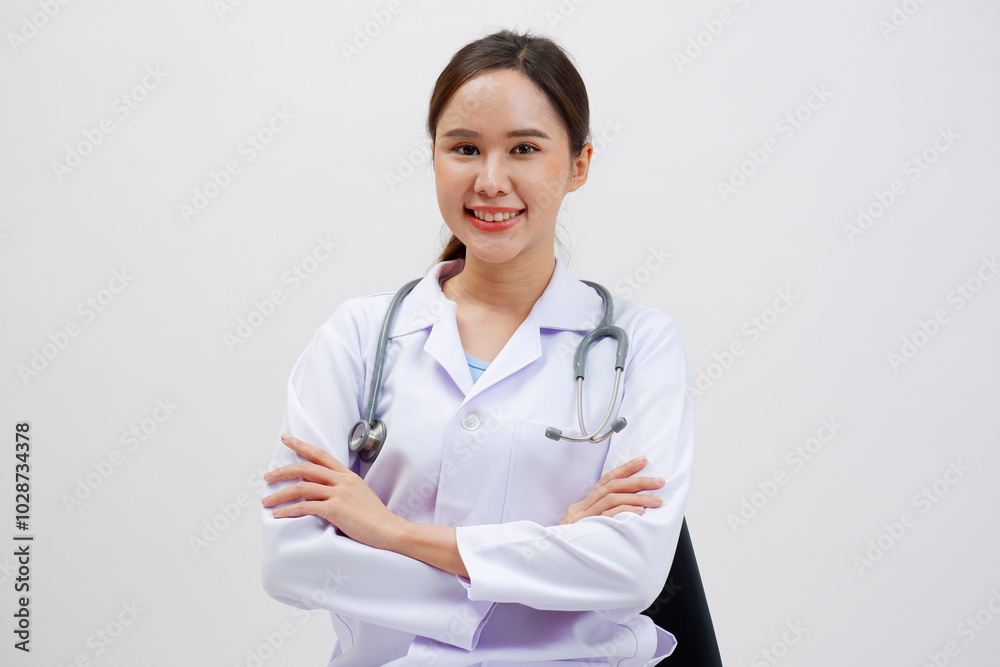 Smiling Asian female doctor puts a stethoscope on her shoulder. Wearing a white lab coat standing holding a note board on gray background. Smiling Asian female doctor puts a stethoscope on her shoulder. Wearing a white lab coat standing holding a note board on gray background.