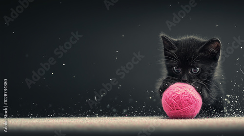 cute black kitten playing with pink ball of wool photo