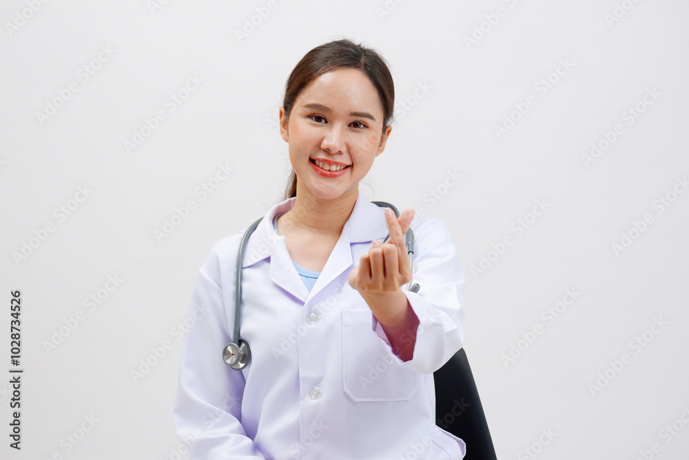 Smiling Asian female doctor puts a stethoscope on her shoulder. Wearing a white lab coat standing holding a note board on gray background.