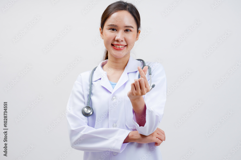Smiling Asian female doctor puts a stethoscope on her shoulder. Wearing a white lab coat standing holding a note board on gray background. Smiling Asian female doctor puts a stethoscope on her shoulder. Wearing a white lab coat standing holding a note board on gray background.