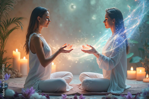 Energy work - two woman meditating together - distance healing session - AI generated