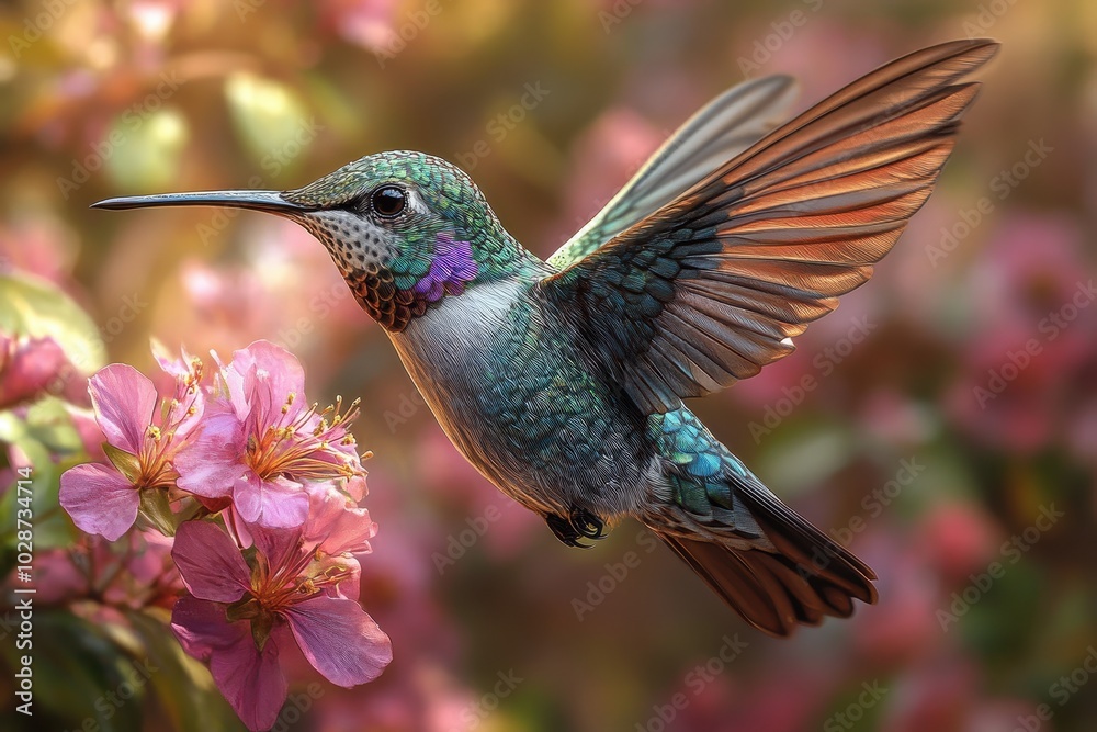 Fototapeta premium Beautiful Hummingbird with Iridescent Purple and Green Feathers Flying Around Pink Flowers in Rainforest, Photorealistic, National Geographic Style 