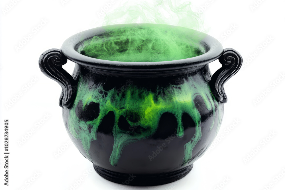 Halloween black cauldron with green smoke on a white background, Halloween black cauldron with green smoke on a white background,