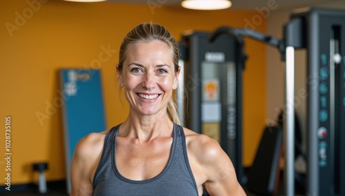 Portrait showcases a radiant senior woman in gym attire