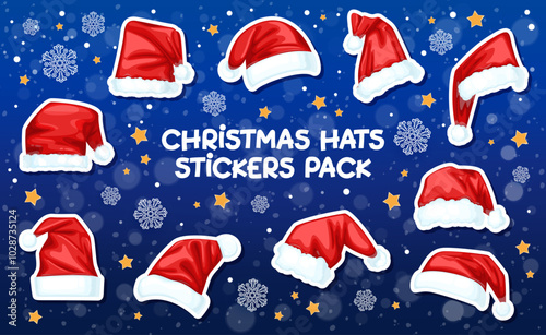 Stickers pack of Santa Christmas hats. Cartoon vector red Noel or Nicholas caps with white fur and snowflakes around. Festive headdress accessory for xmas holiday celebration and winter festivities