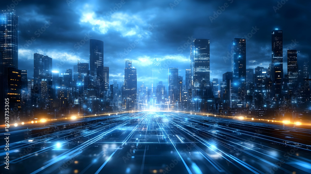 Futuristic cityscape with glowing lines and skyscrapers at night.