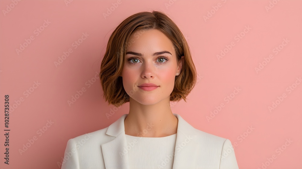 Professional woman posing against a pastel pink background Professional woman posing against a pastel pink background